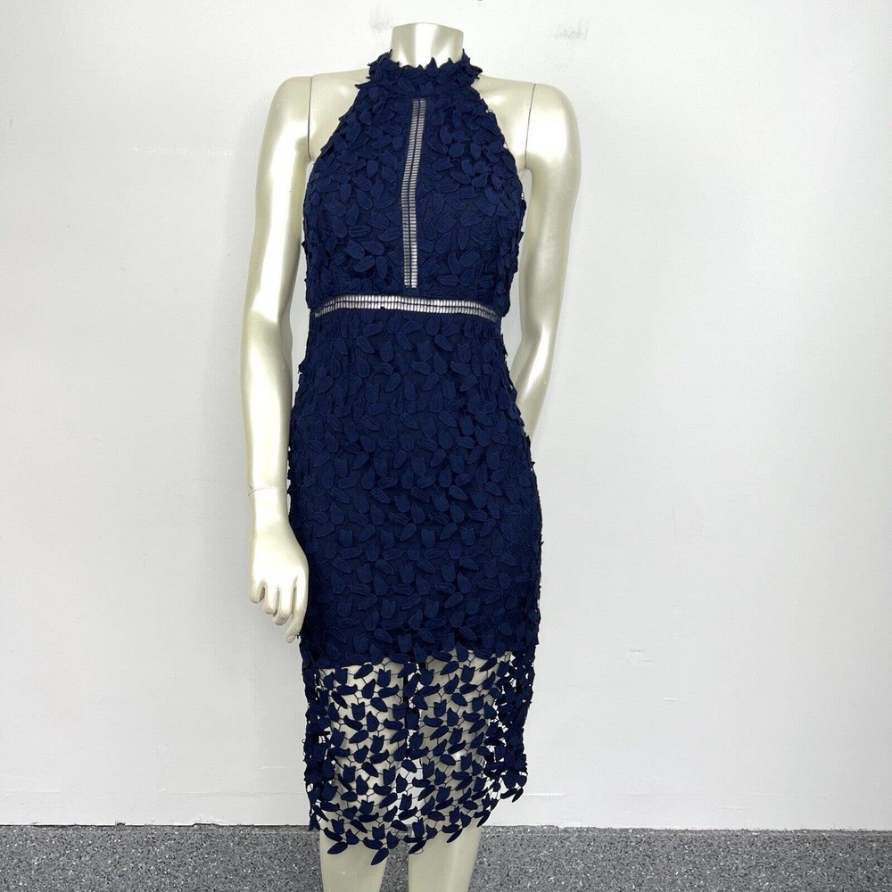 Bardot Dress Navy Blue Gemma Lace Halter Open Back Cocktail Sheath US 6/S